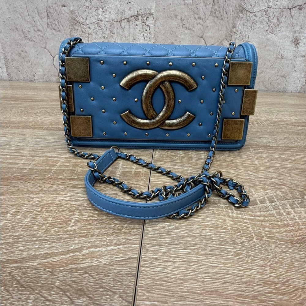 Chanel Horizontal Boy Brick Blue Lambskin Quilted Studded Flap Chain Strap Bag